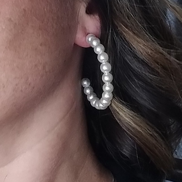 Pearl Bead Hoop Earrings White Gold Fashion Jewelry Alloy - Picture 4 of 6